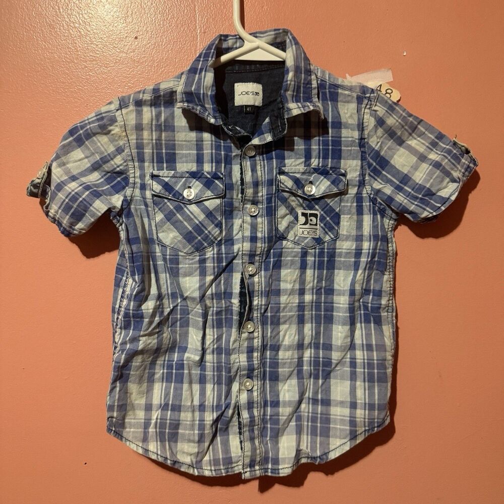 3/$15 Joes Toddler Boys Button Up Shirt 4T Blue White Short Sleeve Flannel